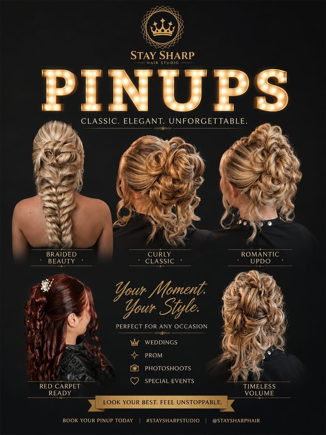 Stay Sharp pinup styles — braided beauty, curly classic, romantic updo and more