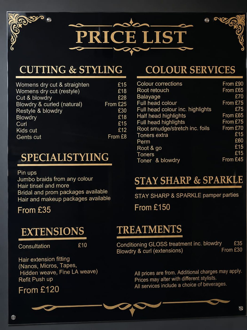 Stay Sharp salon price list board